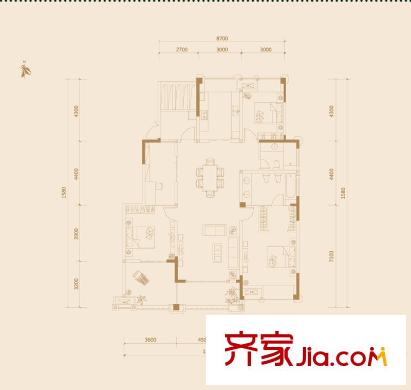 金科廊橋水岸一期15#標(biāo)準(zhǔn)層E戶型 3室2廳2衛(wèi)1廚