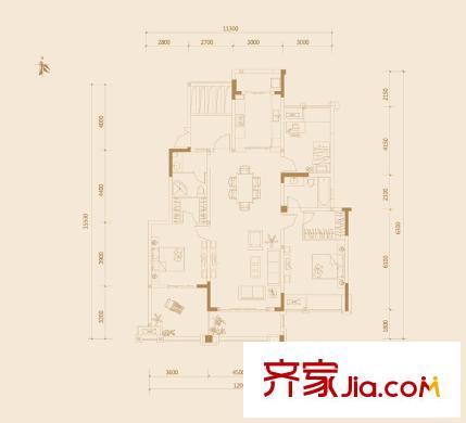 金科廊橋水岸一期15#多層標(biāo)準(zhǔn)層D戶型 3室2廳2衛(wèi)1廚