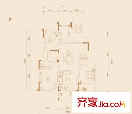 金科廊橋水岸一期22#27#標(biāo)準(zhǔn)層C戶型 3室2廳2衛(wèi)1廚