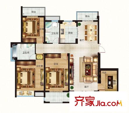緹香一品7、11#標(biāo)準(zhǔn)層D戶型 3室2廳2衛(wèi)1廚