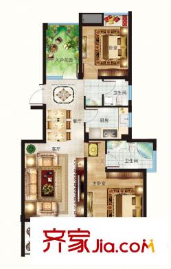 緹香一品1、2#標(biāo)準(zhǔn)層E戶型 2室2廳2衛(wèi)1廚