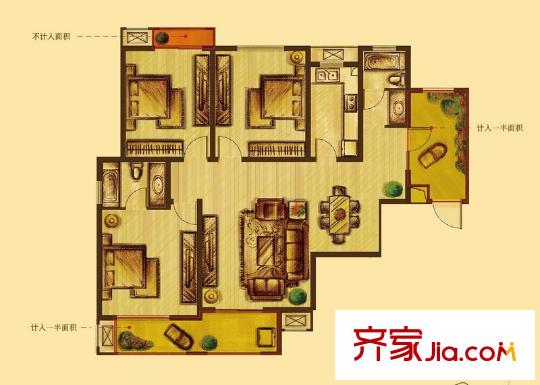 花好月圓8#高層標(biāo)準(zhǔn)層E戶型 3室2廳2衛(wèi)1廚