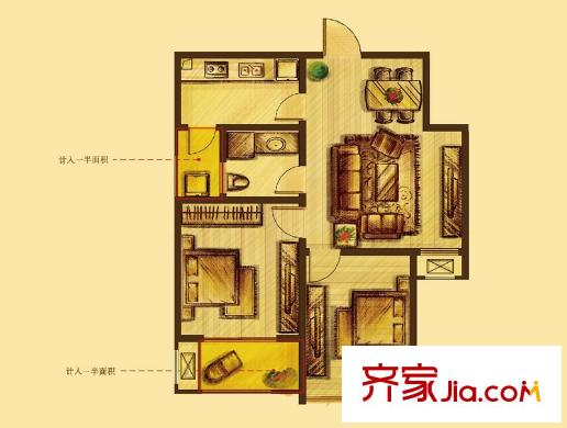 花好月圓8#高層標(biāo)準(zhǔn)層F戶型 2室2廳1衛(wèi)1廚