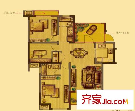 花好月圓9#高層標(biāo)準(zhǔn)層J戶型 3室2廳2衛(wèi)1廚