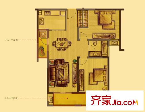 花好月圓11#、12#高層標(biāo)準(zhǔn)層T戶型 2室2廳1衛(wèi)1廚