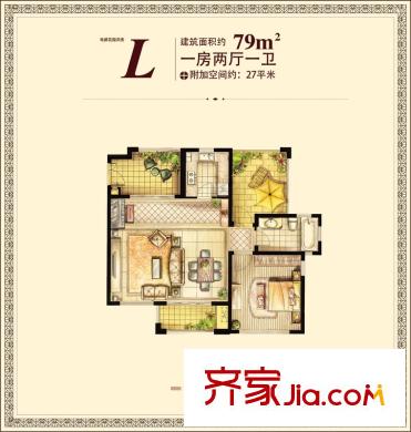 紅鼎灣花園多層2-6#樓標(biāo)準(zhǔn)層L戶型 1室2廳1衛(wèi)1廚
