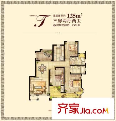 紅鼎灣花園多層2-6#樓標(biāo)準(zhǔn)層J戶型 3室2廳2衛(wèi)1廚