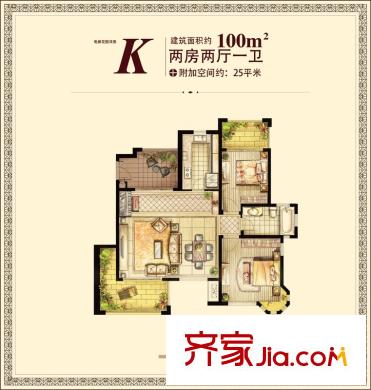 紅鼎灣花園多層2-6#樓標(biāo)準(zhǔn)層K戶型 2室2廳1衛(wèi)1廚