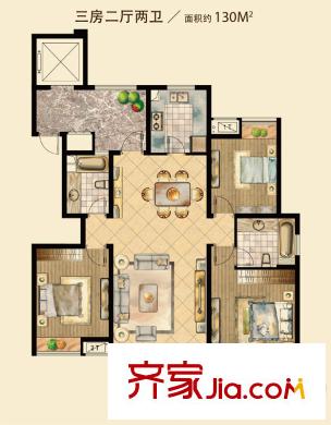 平江怡景1#2#3#4#5#6#8#10#標(biāo)準(zhǔn)層“帝”戶型130平方米 3室2廳2衛(wèi)1廚
