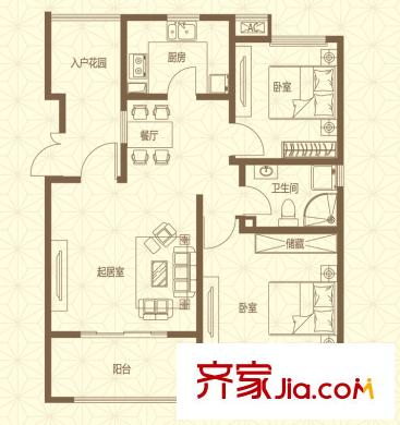 首開(kāi)國(guó)風(fēng)華府一期1、2、3#標(biāo)準(zhǔn)層A2戶型 2室2廳1衛(wèi)1廚