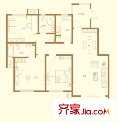 首開(kāi)國(guó)風(fēng)華府一期5、6、7、10#標(biāo)準(zhǔn)層E‘戶型 3室2廳2衛(wèi)1廚