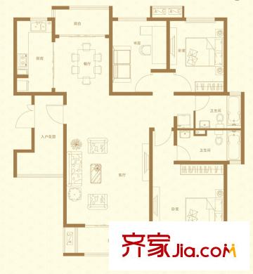 首開(kāi)國(guó)風(fēng)華府一期6、7、10#標(biāo)準(zhǔn)層F2戶型 3室2廳2衛(wèi)1廚