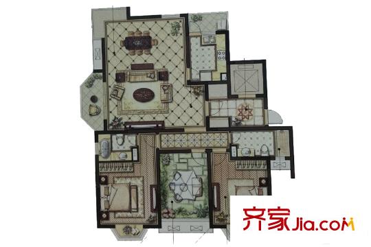 華府壹區(qū)7#8#標(biāo)準(zhǔn)層F戶型圖 2室2廳2衛(wèi)1廚