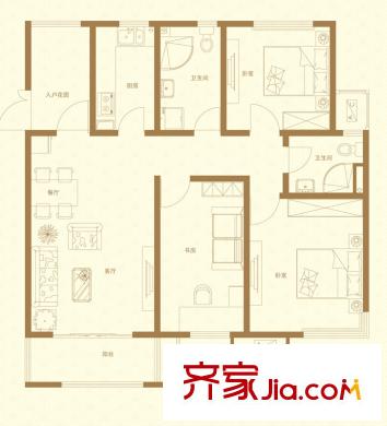 首開(kāi)國(guó)風(fēng)華府一期2#樓標(biāo)準(zhǔn)層B1戶型 3室2廳2衛(wèi)1廚