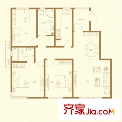 首開(kāi)國(guó)風(fēng)華府一期6、7、10#標(biāo)準(zhǔn)層F1戶型 3室2廳2衛(wèi)1廚