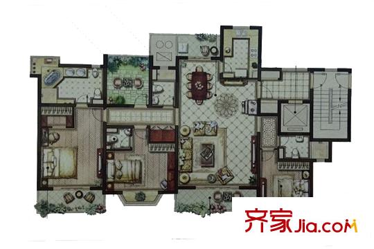 華府壹區(qū)10#標(biāo)準(zhǔn)層H戶型圖 3室2廳4衛(wèi)1廚