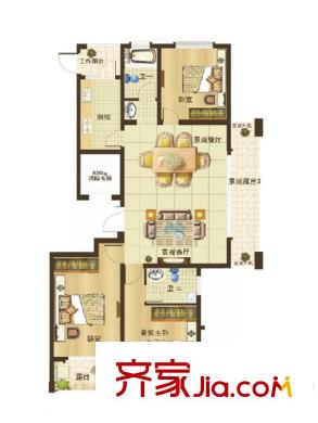 烏橋水岸花園一期3#4#偶數(shù)層E戶型 3室2廳2衛(wèi)1廚