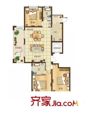 烏橋水岸花園一期1#2#偶數(shù)層A戶型 3室2廳2衛(wèi)1廚