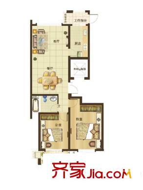 烏橋水岸花園一期3#4#基數(shù)層F戶型 2室2廳1衛(wèi)1廚