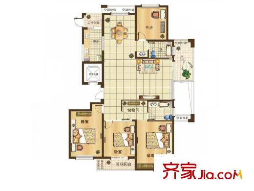 烏橋水岸花園一期1#2#偶數(shù)層C戶型 4室2廳2衛(wèi)1廚