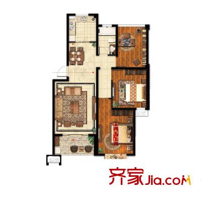 瑞?；▓@1-7#標(biāo)準(zhǔn)層B戶型 3室2廳1衛(wèi)1廚