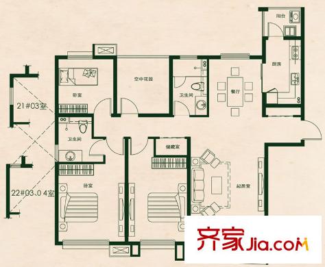 首開班芙春天三期28#29#30#高層標準層C戶型 3室2廳2衛(wèi)1廚