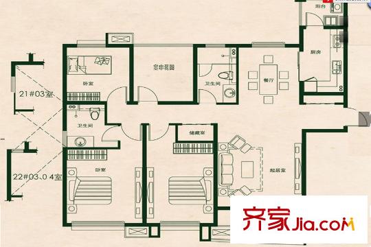 首開班芙春天三期19#高層標準層D戶型 3室2廳2衛(wèi)1廚