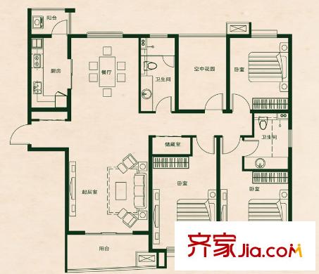 首開班芙春天三期29#30#高層標準層C戶型 3室2廳2衛(wèi)1廚