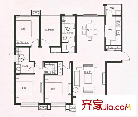 首開班芙春天二期5#高層標準層E1戶型 3室2廳2衛(wèi)1廚