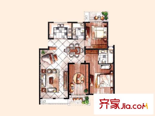 中惠晨曦怡庭多層1#標(biāo)準(zhǔn)層H5戶型 3室2廳3衛(wèi)1廚