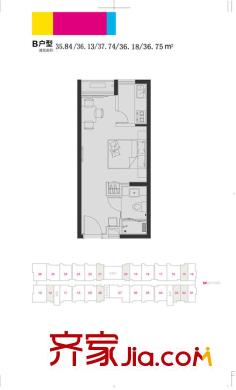香悅水岸一期公寓1-3#標(biāo)準(zhǔn)層B戶型 1室1廳1衛(wèi)1廚