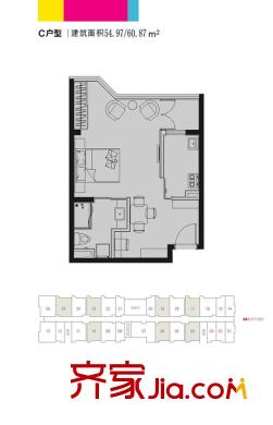 香悅水岸一期公寓1-3#標(biāo)準(zhǔn)層C戶型 1室2廳1衛(wèi)1廚