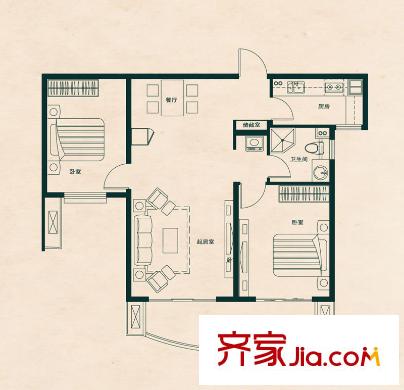 首開班芙春天三期2#5#7#8#高層標準層B戶型 2室2廳1衛(wèi)1廚