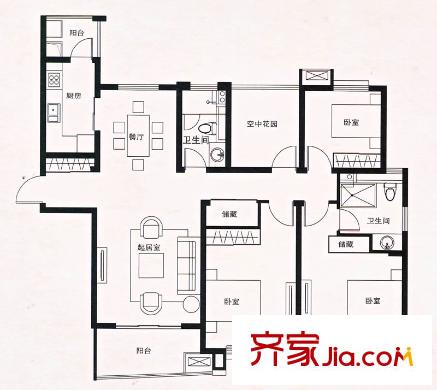 首開班芙春天二期10#21#22#高層標準層D1戶型 3室2廳2衛(wèi)1廚