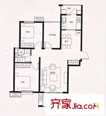 首開班芙春天二期21#22#28#高層標準層C戶型 3室2廳1衛(wèi)1廚