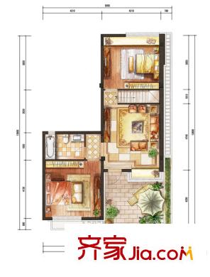 太湖天城MINI墅聯(lián)排D2戶型二層 2室2廳1衛(wèi)1廚