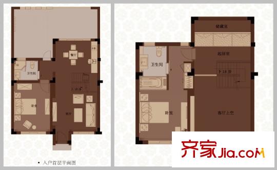 涵園入戶首層及二層平面戶型圖 2室2廳2衛(wèi)