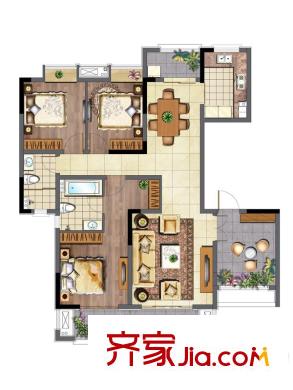 蘇州中信森林湖香樟林2期65#標準層聯(lián)排別墅戶型 3室2廳2衛(wèi)1廚