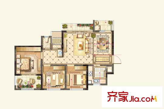 藍(lán)光COCO蜜園1-7#、12-16#標(biāo)準(zhǔn)層B1戶型76平方米 3室2廳1衛(wèi)1廚