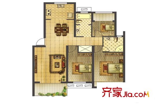 同里盛景園一期1#2#標(biāo)準(zhǔn)層A戶型 3室2廳2衛(wèi)1廚