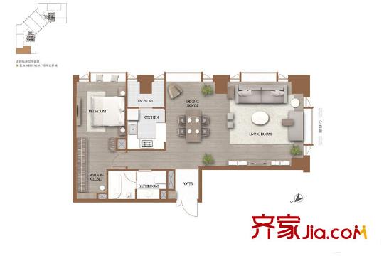 誠(chéng)品居所北樓一單元02戶型 1室2廳1衛(wèi)1廚