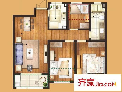 中房頤園一期3#樓標(biāo)準(zhǔn)層E2戶型 3室2廳1衛(wèi)1廚