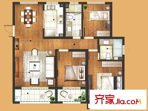 中房頤園一期3#8#樓標(biāo)準(zhǔn)層E1戶型 3室2廳2衛(wèi)1廚