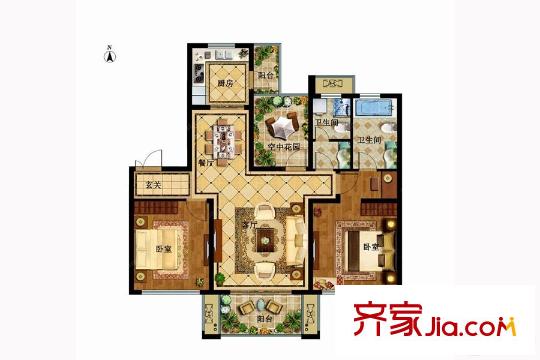 津西新天地一期1號(hào)樓、2號(hào)樓標(biāo)準(zhǔn)層D戶型 3室2廳2衛(wèi)1廚