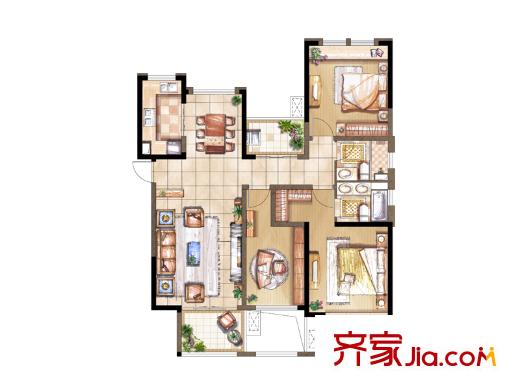 尚景灣9#高層標(biāo)準(zhǔn)層D戶型 3室1廳2衛(wèi)1廚