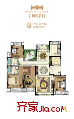 中旅獅山名門高層3號(hào)樓、4號(hào)樓東邊戶B戶型 5室2廳2衛(wèi)1廚