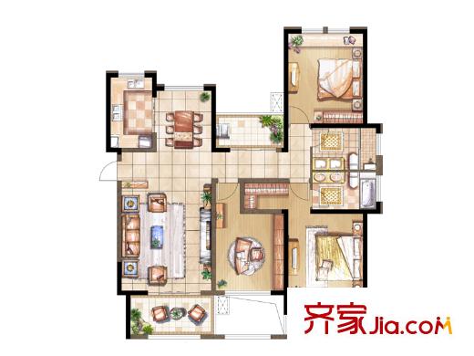 尚景灣10#小高層標(biāo)準(zhǔn)層F戶型 3室1廳2衛(wèi)1廚