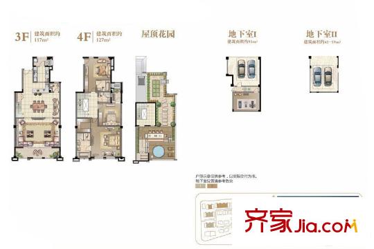 水岸秀墅上疊加別墅D戶型286-337平 3室4廳4衛(wèi)1廚