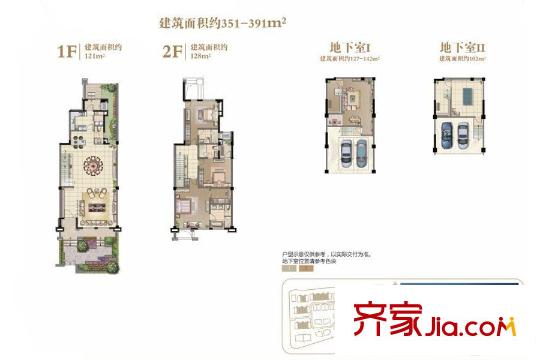 水岸秀墅下疊加別墅B戶型351-391平米 4室2廳3衛(wèi)1廚