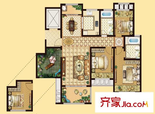 嘉盛香檳一號8#、9#標準層D戶型 4室2廳2衛(wèi)1廚